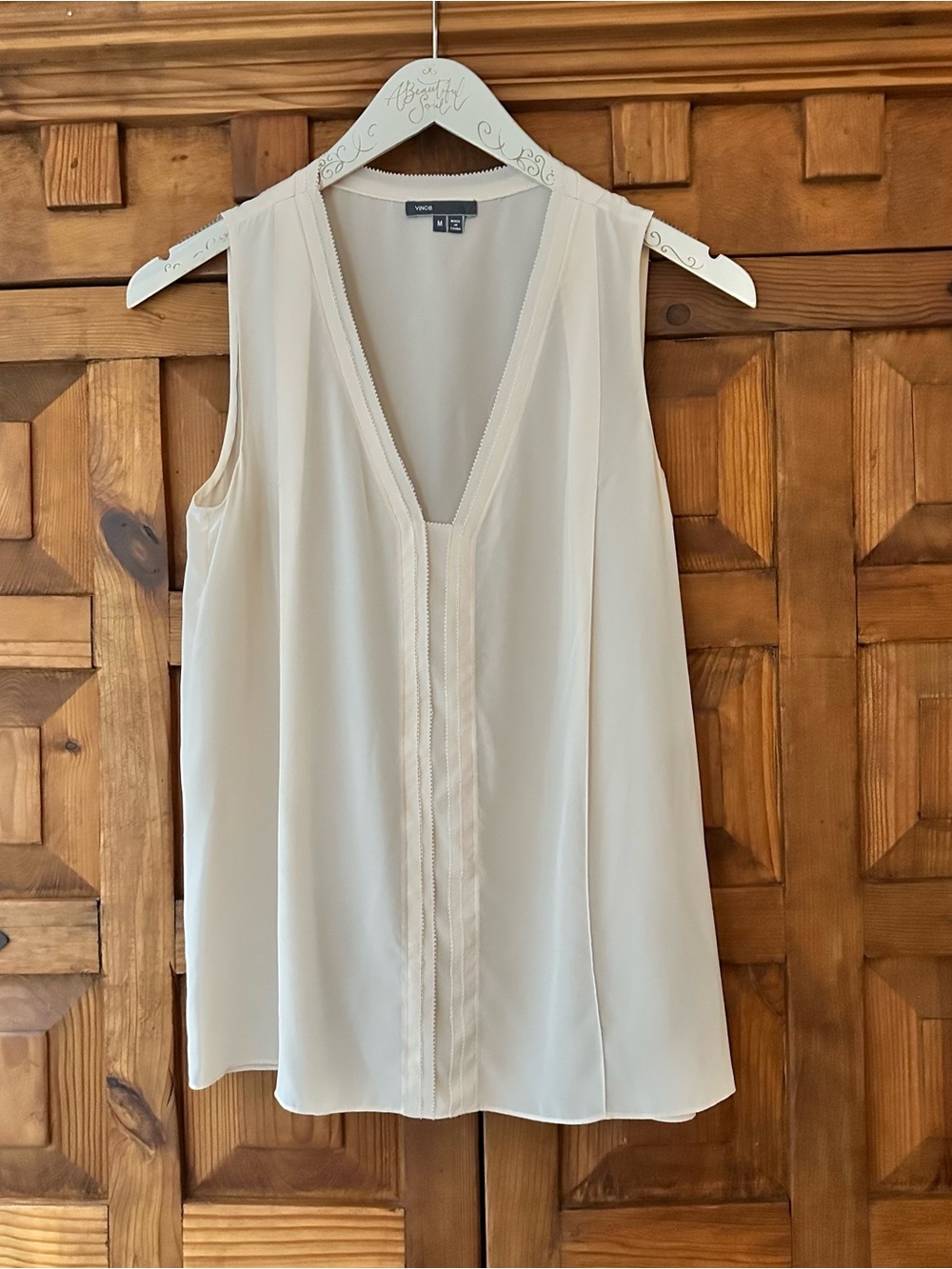 Vince Silk V-Neck Sleeveless Blouse in Porcelain, MEDIUM